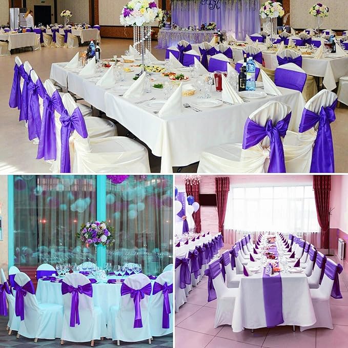 50 PCS Satin Chair Sashes Bows Decorative Universal Chair Cover Band Chair Ribbon Ties Back Sash for Wedding Party Ceremony Reception Hotel Events Birthday Banquet Restaurant Decor(7x108inch,Purple)