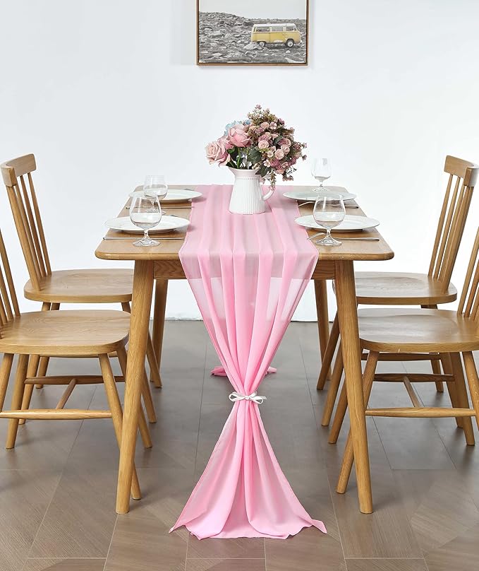 5 Pack 10Ft Pink Chiffon Table Runner Sheer 29x120 Inch for Romantic Wedding Decor Bridal & Baby Shower Birthday Rustic Party Decoration