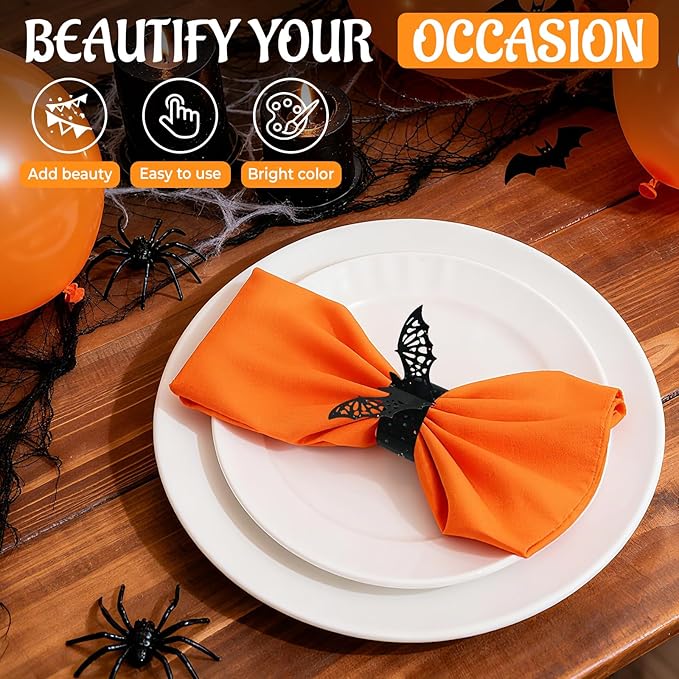100 Pcs 3D Halloween Bat Napkin Rings, Silverware Wraps Bands,Table Setup Wedding Valentines Day Event Party Supply Table Settings, Glossy Serviette Buckles Decor (Black Bat)
