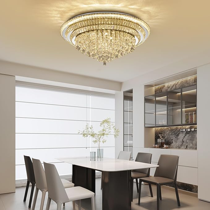 40 inch Crystal Silver Ceiling-Light Flush Mount with Remote Control and APP, 3CCT Dimmable & Brightness Adjustable, Modern Crystal Raindrop Chandeliers for Bedroom Hallway Dinning Room Living Room
