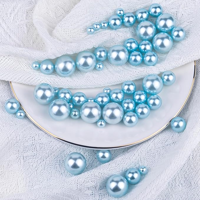 120 PCS 8/14/20mm No Hole Polish Pearl Beads for Centerpiece, Light Blue Beads Decorative Vase Fillers, Plastics Pearls for Vases, Table Scatters, Wedding Party Decor