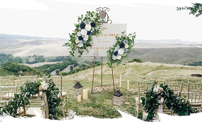 Arch Flower Kit of 2 - Artificial Floral Swag for Wedding Welcome Sign, Reception Ceremony Signs, Chair Decor (Dusty Blue & Ivory)