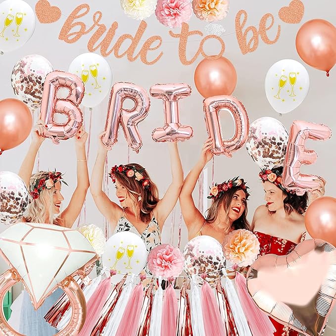 Bridal Shower Decorations - Rose Gold Party Decorations with Wifey for Lifey Banner, Bride Foil Balloon, Diamond Ring Balloon, Paper Pom Poms, Tassel Party Supplies