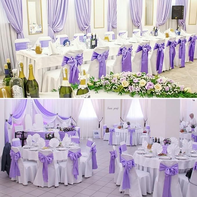 100 PCS Satin Chair Sashes Decorative Bow Chair Sashes Ties Back Ribbon Bows Chair Cover Band for Wedding Party Ceremony Reception Events Banquet Home Kitchen Chair Cover Decor(7x108inch,Lavender)