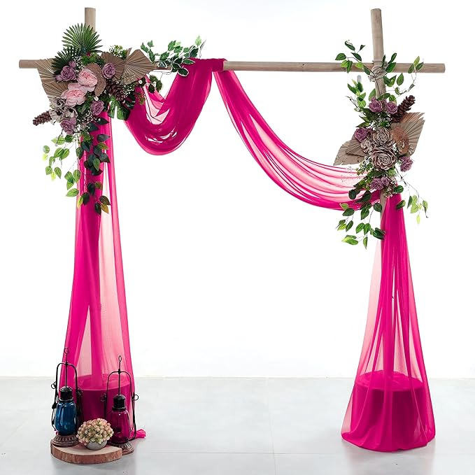VDS Pack of 2 Panel (30 Inch X 100 Feet) Wedding Arch Draping Fabric Sheer Chiffon Fabric Drapery for Wedding Ceremony Reception Swag Backdrop Canopy Chuppah ARBO Altars Decoration (Hot Pink)
