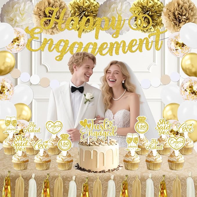 Engagement Party Decorations, Just Engaged Decorations, Happy Engagement Banner Set with Paper Pom Poms, Tissue Tassels, Balloons, Garland & Cake Topper for Wedding Bachelorette Party (Gold)