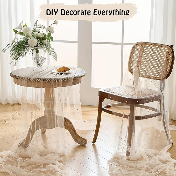 Fanami 6 Pack Pearl Table Runner -10FT Champagne Gold Boho Tulle Table Runners 120 Inches Long Rustic Sheer Lace Fabric Centerpieces for Wedding Arch Birthday Party Bridal Veil Baby Shower Decorations
