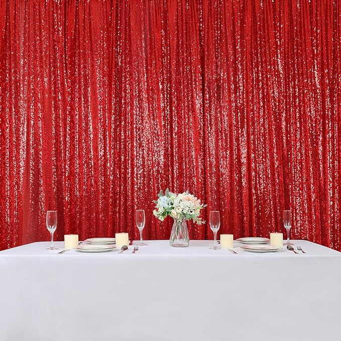 Hahuho Red Sequin Backdrop Curtain, 2PCS 2FTx8FT Glitter Backdrop Curtain for Parties, Christmas, Wedding, Party Decoration（2 Panels, 2FT x 8FT, Red
