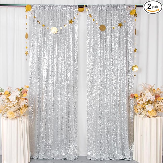 ShiDianYi Sequin Backdrop Silver 2 Panels 4FTx10FT Backdrops for Photography Shimmer Photo Backdrop for Birthday Sparkle Wedding Drapes Glitter Curtains Background