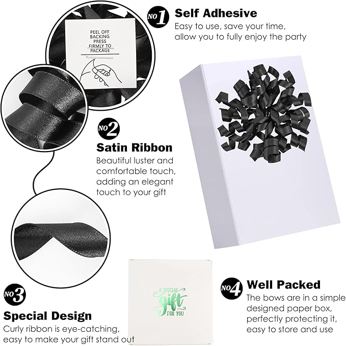 5 Inch Black Bows Curly Ribbon Bows for Gift Wrapping, Satin Bows with Double-Sided Tape, Self Adhesive Bows for Party, Wedding, Birthday Decor, Premade Bows for Crafts, Wine Glasses-8 PCs
