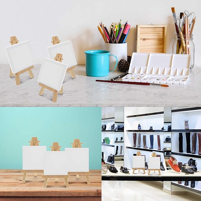 U.S. Art Supply 2" x 2" Stretched Canvas with 5" Mini Easel Kit (12 Pack) - Natural Wooden A-Frame Tabletop Display Stand, Mini Easel Stand - Small Easels for Display, Small Canvases, Crafts, Photos