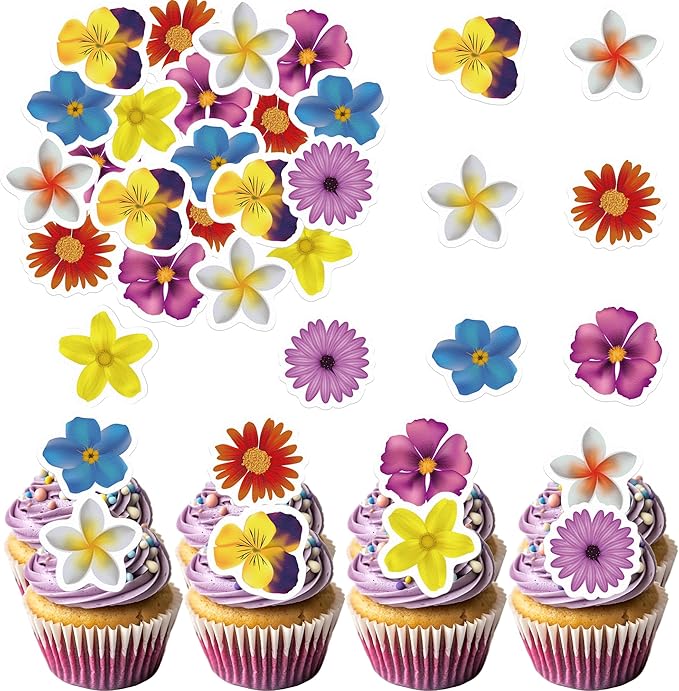 48 Edible Flowers Cupcake Toppers Edible Hawaii Flowers Cupcake Decor Wafer Paper Tropical Luau Flowers Cupcake Picks for Flowers Theme Wedding Birthday Party Decor Supplies