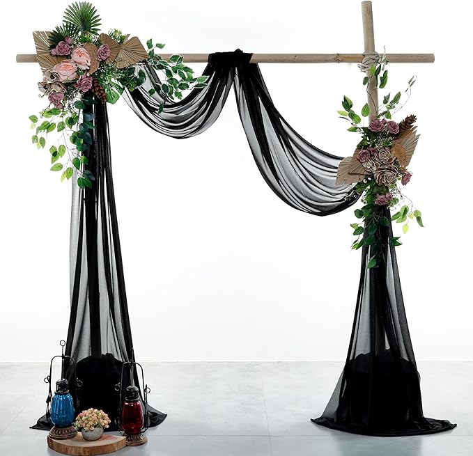 VDS Pack of 1 Panel (30 Inch X 100 Feet) Wedding Arch Draping Fabric Sheer Chiffon Fabric Drapery for Wedding Ceremony Reception Swag Backdrop Canopy Chuppah ARBO Altars Decoration (Black)