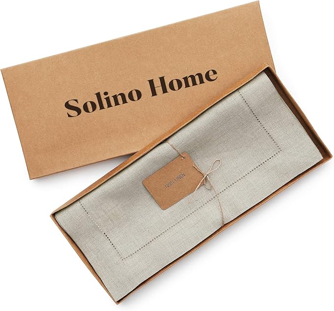 Solino Home Linen Natural Table Runner 120 Inches Long - 100% Pure Linen Hemstitch 14 x 120 Inch Table Runner for Dining, Fall, Autumn, Thanksgiving, Christmas - Classic Hemstitch
