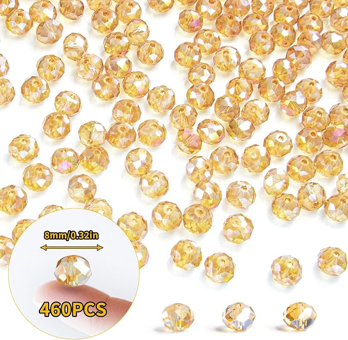 460Pcs 8mm Crystal Glass Beads for Jewelry Making Beads for Bracelets Necklace Pendants Making Supplies(Gold Champagne)