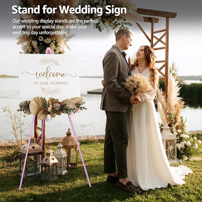 NianFeng Wooden Easel Stand for Sign, Easel Display Stand Floor for Wedding Sign with Adjustable Tray, 63-Inch, Tripod A-Frame Poster Light Duty, Welcome, Art Show & Baby Shower (Pink)
