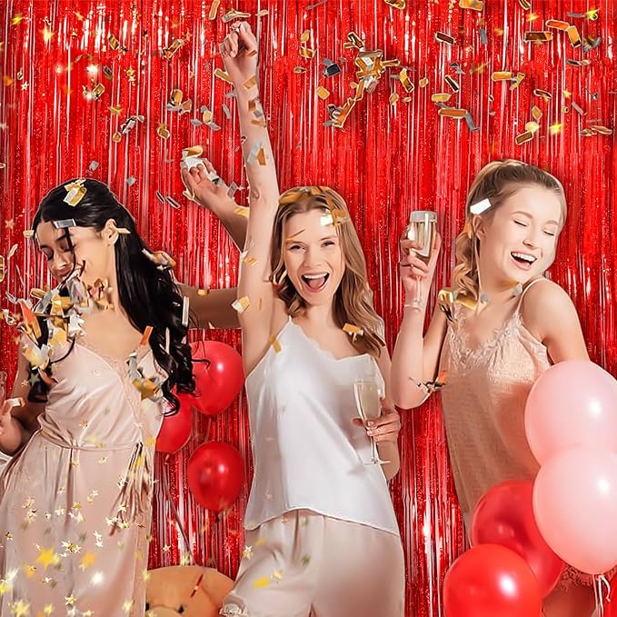 Red Metallic Tinsel Foil Fringe Curtains, 2 Pack 3.3x8.3 Feet Party Streamer for Birthday Party Decorations, Halloween Decor, Foil Curtain for Bachelorette Party