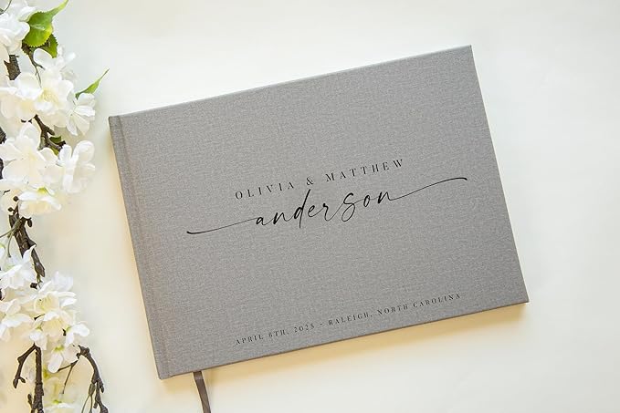 Personalized Guest Book - 11.5" x 8.5" Custom Bride & Groom Names with Bookmark and Hard Cover 140 GSM Blank Pages, for Weddings Guest Book, Engagements, Birthdays, Special Events, Gray