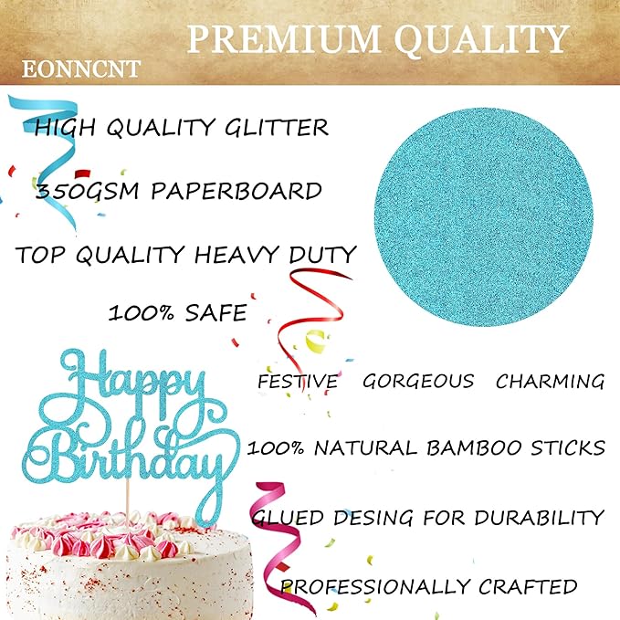 Happy Birthday Cake Topper - Sky Blue Glitter Birthday Party Cake Decoration Supplies - Happy Birthday Cake Decor, for Anniversary/Birthday Party Supplies Photo Booth Props