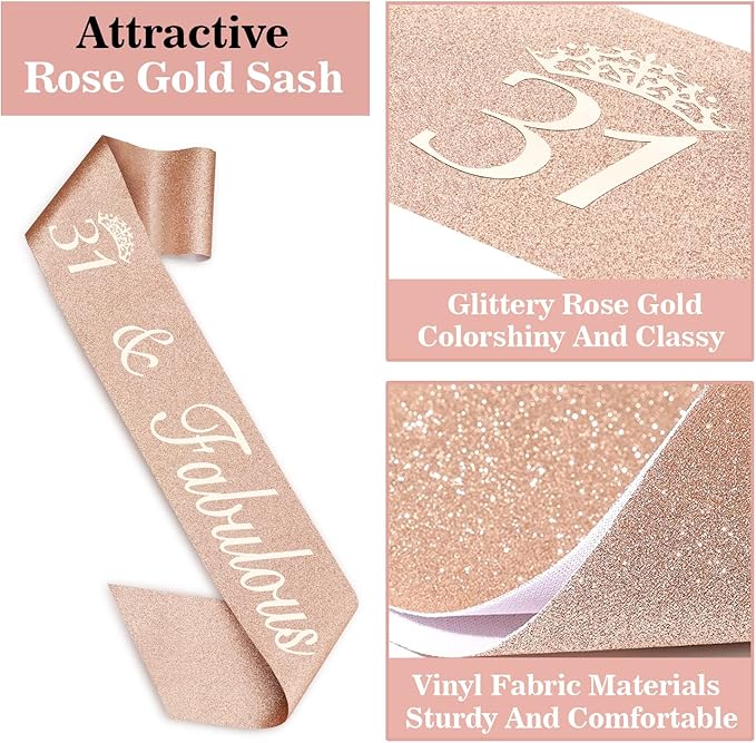 31 Birthday Decorations for Women Including Birthday Sash, Crown/Tiara, Numeral Candles and Cake Topper, 31 Year Old Gifts for Women, Rose Gold Party Decor Supplies