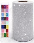 Glitter Tulle Fabric Rolls, 6 Inch 50 Yards (150ft) Sparkling Spool Ribbon Sequin Netting for Tutu Skirt Gift Wrapping Wedding Party Decoration (Silver)