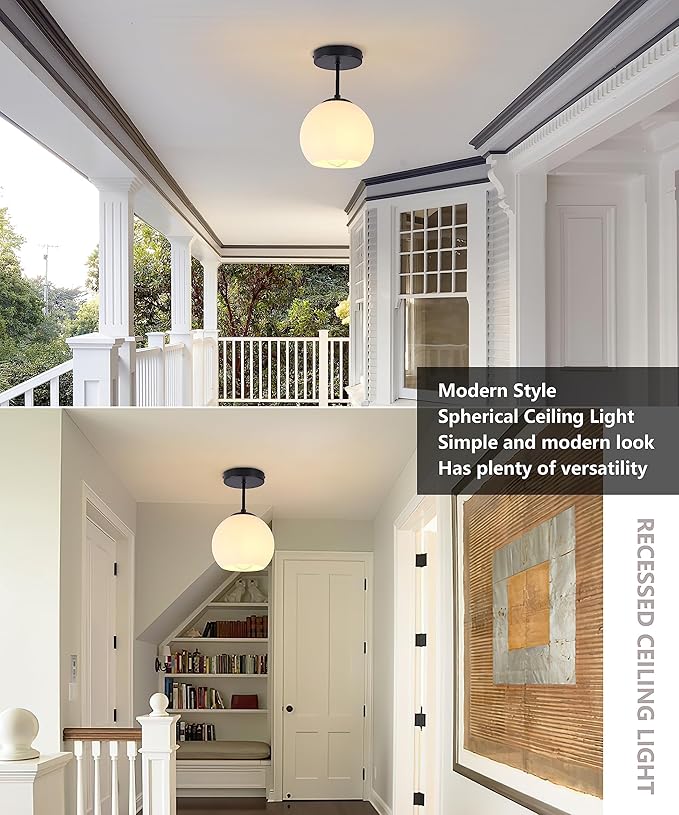 Black Semi Flush Mount Ceiling Light Fixture Milk Glass Light Fixture Mid Century Flush Mount Ceiling Light Black Flush Mount Ceiling Light Schoolhouse Light Fixture for Dining Room(Bulb Incl.)