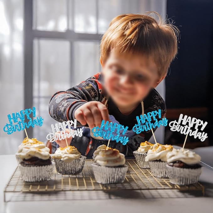 Gyufise 24Pcs Happy Birthday Cupcake Toppers Glitter Birthday Cupcake Food Picks for Celebrating Winter Wonderland Theme Party Cake Decorations Supplies Blue Silver