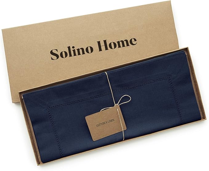 Solino Home Navy Blue Table Runner 108 Inches Long - Cotton Linen Hemstitch 14 x 108 Inch Table Runner for Dining, Fall, Autumn, Thanksgiving, Holiday