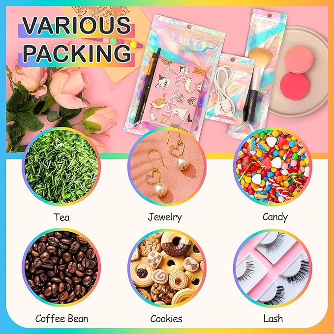 Funfery 50 pcs Mylar Holographic Bags Clear Window Resealable Bags,Foil Bag with Zipper,Sealing Pouch Smell Proof Packaging Bags for Food Storage,Candy,Party Favor Sample Business Supplies(5.5x7.9in)