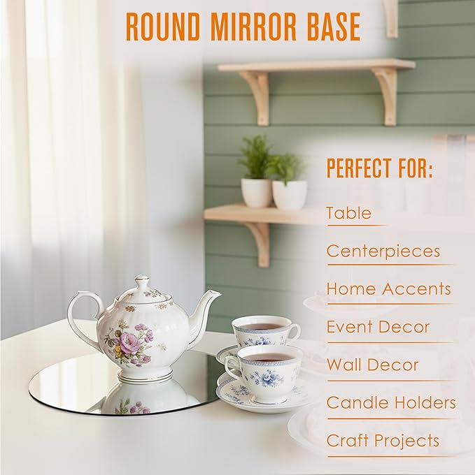 Houseables Mirror Centerpieces for Tables, Round Mirrors for Centerpieces, Mirrored Trays, Round Table Plate Tray, Circle, Glass Charger, Wedding, Center Piece, Small, Base, Candle, 8 Inch, 12 Pack