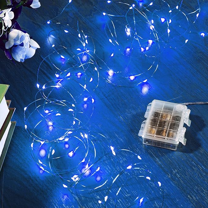 1 Pack 32.8 Ft. Battery Operated Outdoor String Lights with Remote & Timer, LED Blue Fairy Lights, Waterproof Twinkle Lights for Bedroom, Dorm, Mason Jar, Wedding, Party, Christmas