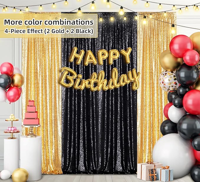 Juya Delight 2Pcs 2ftx8ft Black Shimmer Sequin Backdrop Curtains - Black Glitter Photo Backdrop for Wedding Birthday Parties Wall Decoration