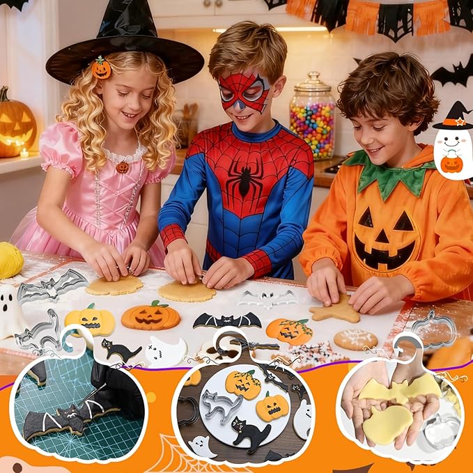 Halloween Cookie Cutters Set 12 Pcs, Stainless Steel Holiday Cookie Cutters Shape, 5.15” Bat, 3.54” Pumpkin, 3.34” Ghost, 3.5” Cat, Various Sizes Cute Cutters for Halloween Baking Party Decorations
