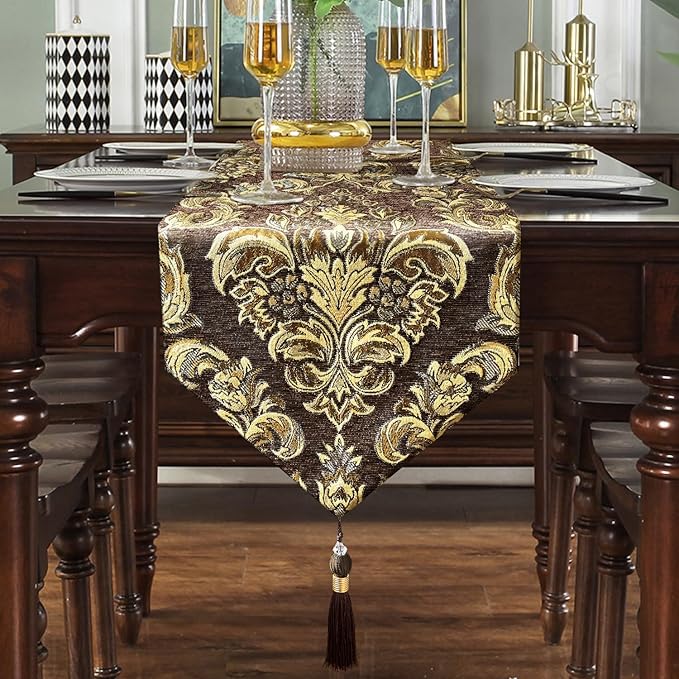 Sophisticated Jacquard Dark Brown Chenille Table Runner with Bling Gold Embroidered 13x84 inches