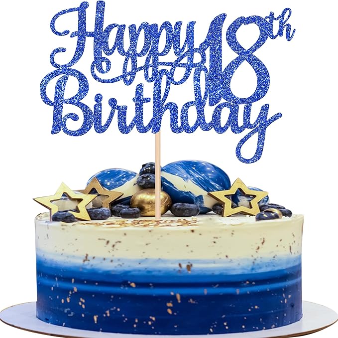 1 PCS Happy 18th Birthday Cake Topper Glitter Cheers to 18 Years Birthday Cake Pick 18 Fabulous Cake Decoration for Happy 18th Birthday Theme Party Decorations Supplies Blue