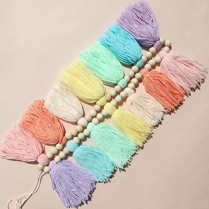 Pastel Rainbow Boho Tassel Garland Wall Hanging with Wood Beads for Baby Shower Birthday Party Classroom Dorm Nursery Decor