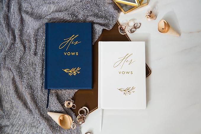 His and Her Vow Books (Set of 2) - Navy & White Hard Cover Gold Embossed Notebook Journal Diary for Nuptial Wedding Cerenomy Vow Renewal / Engagement Gift for Newly Engaged Couples at Bridal Shower