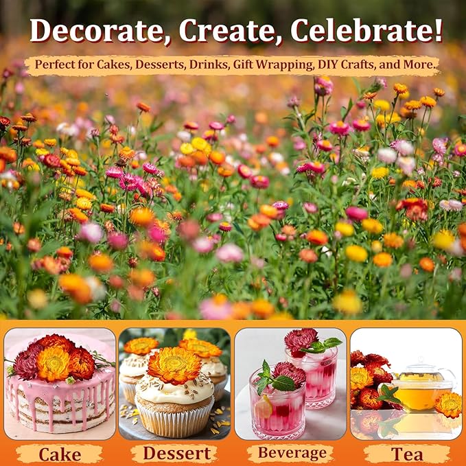 100+ Edible Dried Flowers for Cake Decoration – Food Grade Mixed Natural Colorful Chrysanthemum Flowers for Baking, Cocktails, Cupcakes, Drinks, DIY Crafts - No Additive