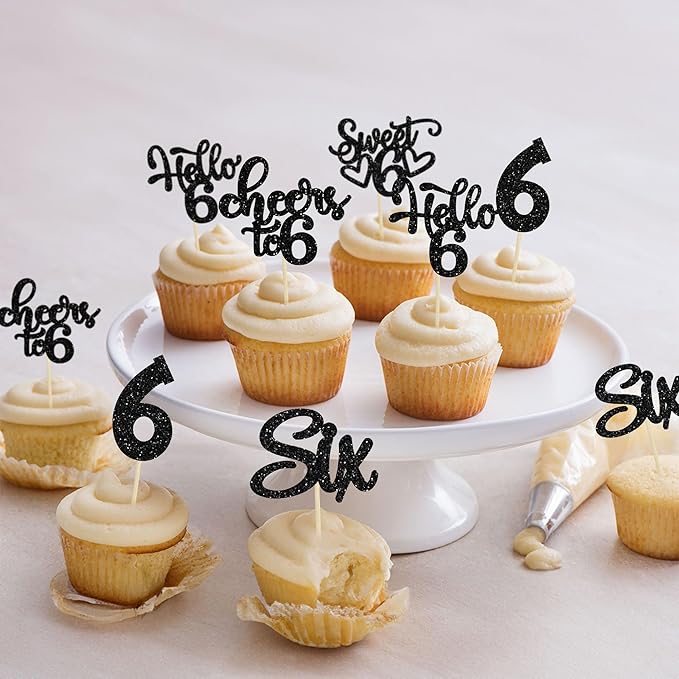 30Pcs 6th Birthday Cupcake Toppers Glitter Six Hello 6 Cupcake Picks Cheers to 6 Years Old Cake Decorations for 6th Birthday Party Supplies Black