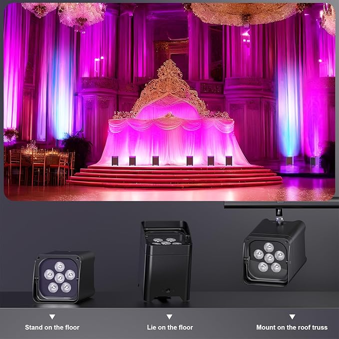 9600mAh Wireless Uplights, 6x18W RGBWA UV Stage Lights, APP/DMX512 Controlled Par Lights, Rechargeable Battery Powered Uplights for Show, 4 Pcs with Bag
