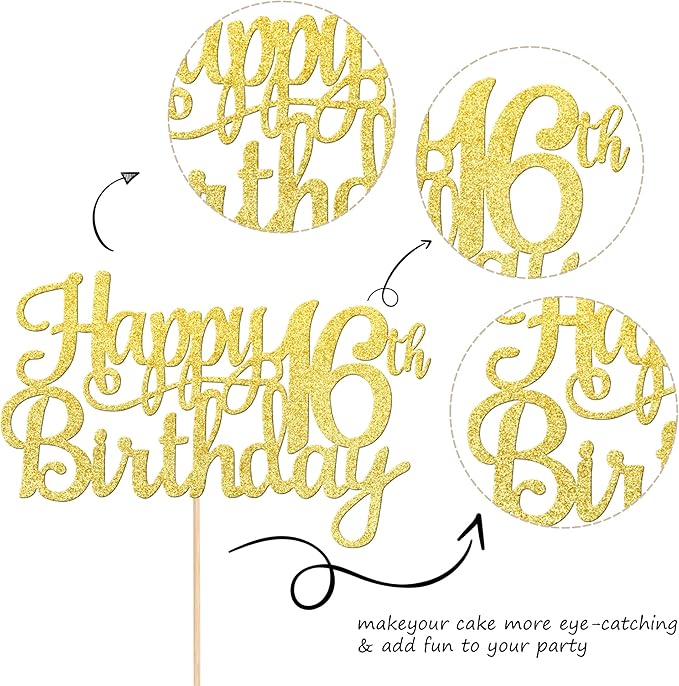 1 PCS Happy 16th Birthday Cake Topper Gold Glitter Cheers to 16 Years Birthday Cake Pick Sweet 16 Fabulous Cake Decoration for Happy 16th Birthday Theme Party Decorations Supplies