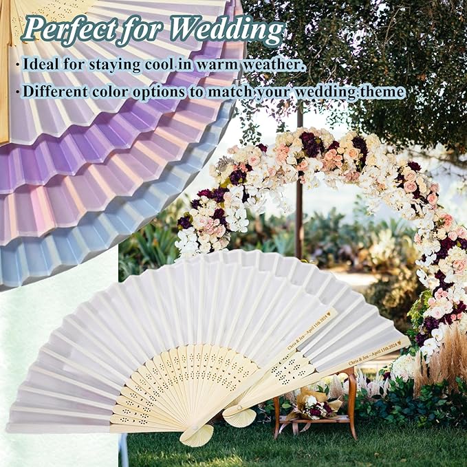 Personalized Engraved 40 Pcs White Silk Fans, Folding Hand Fans, Wedding Party Favors, Bridal Shower Dancing Props, Gifts, Birthday Party Supplies