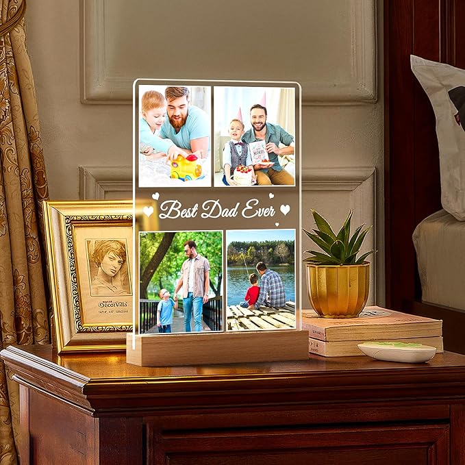 Best Dad Ever Gifts, Custom Collage Picture Frames with Night Light, Customized Acrylic Plaque Photo Frame, Personalized Birthday Photo Gifts for Dad, Baby, Kids, Family