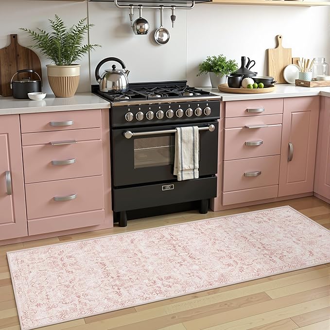 Pink 2x6 Runner Rug for Hallways Bed Side Kitchen, Boho Washable Distressed Low-Pile Floor Entryway Long Bathroom Mat, Non-Slip Laundry Room Washstand Front Carpet Green 24x72 Inch