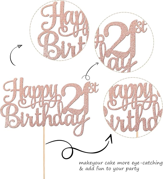 1 PCS Happy 21st Birthday Cake Topper Glitter Cheers to 21 Years Cake Pick Number 21 Fabulous Cake Decoration for 21st Birthday Theme Party Decorations Supplies Rose Gold