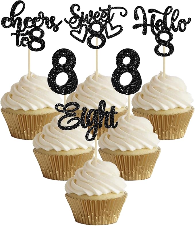 30Pcs 8th Birthday Cupcake Toppers Glitter Eight Hello 8 Cupcake Picks Cheers to 8 Years Old Cake Decorations for 8th Birthday Party Supplies Black