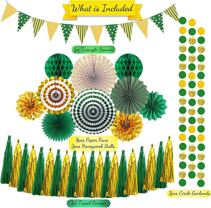 Paper Fans Party Decorations Glitter Paper Triangle Flag Pennant Banner Tassel Garland Circle Banners Party Supplies for Bachelorette, Birthday, Engagement Wedding, Baby Bridal Shower Green Gold