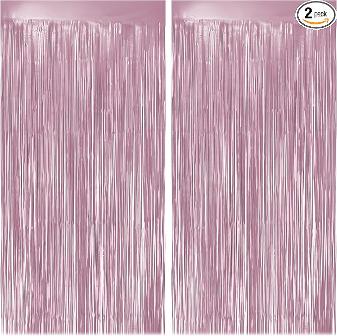 2 Pack Metallic Light Pink Fringe Backdrop, 3.2x8.2ft Shining Foil Tinsel Curtains, Birthday Party Decorations Door Streamers for Halloween, Christmas, Wedding, Graduation, Holiday, Theme Events