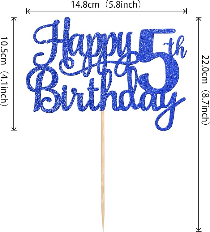 1 PCS Happy 5th Birthday Cake Topper Glitter Cheers to 5 Years Cake Pick Five Fabulous Cake Decoration for 5th Birthday Theme Party Decorations Supplies Blue