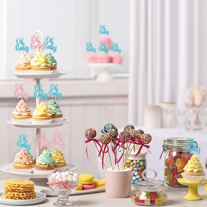Gyufise 36Pcs Oh Baby Cupcake Toppers Pink Blue Bow Glitter Baby Shower Gender Reveal Cupcake Picks for Boy or Girl Theme Baby Shower Kids Birthday Party Cake Decorations Supplies